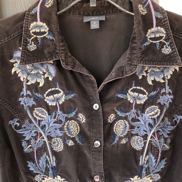 J. Jill Chocolate Brown Corduroy Embroidered Floral Button Down Shirt Womens S - Picture 4 of 12